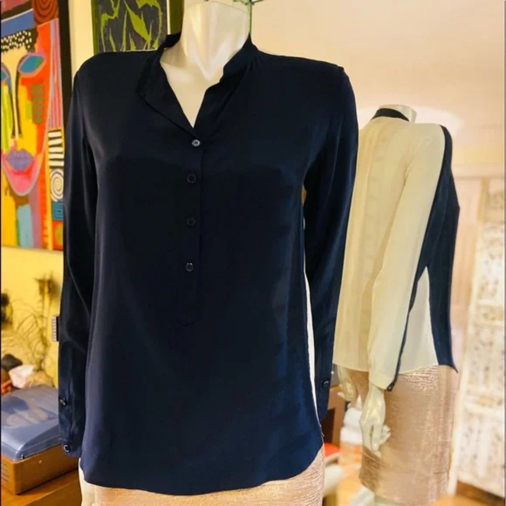 Stella McCartney 100% silk contrast colorblock mandarin collar popover blouse